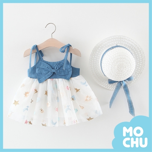 俏皮刺繡牛仔吊帶洋裝＋帽子