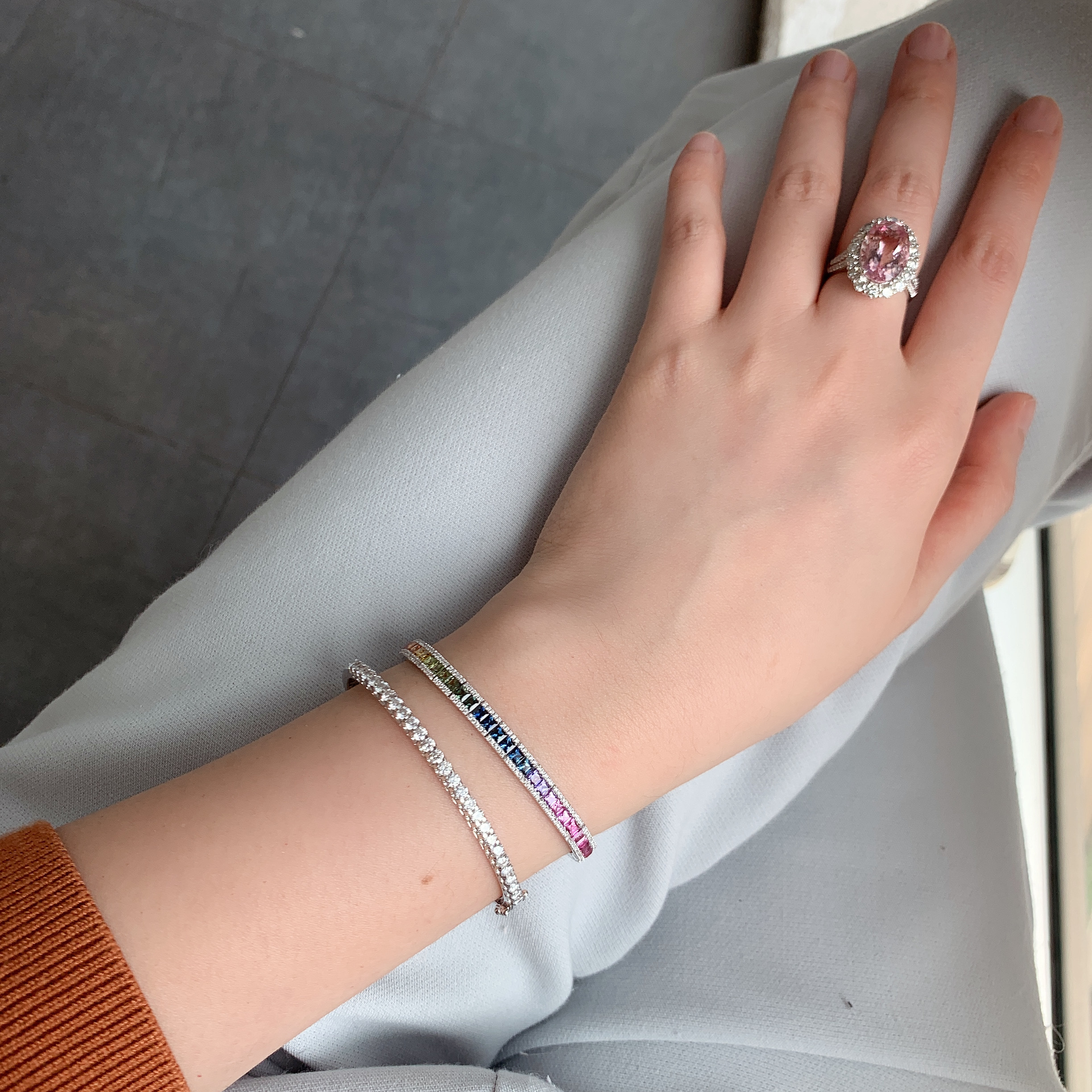 (現貨)18K金彩虹藍寶石鑽石手鍊-單行