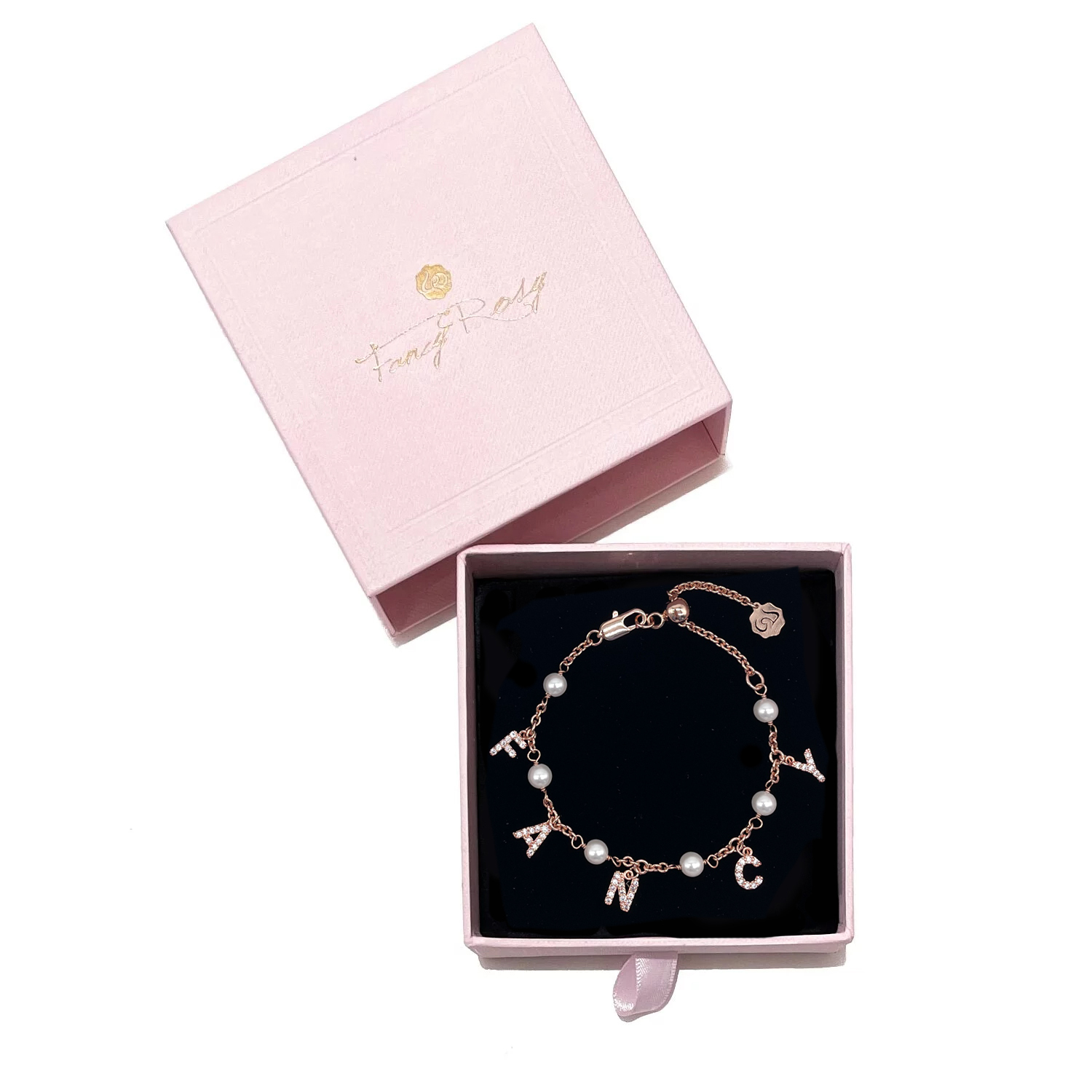 Personalized Crystal Alphabet Pearl Bracelet (Rose Gold)