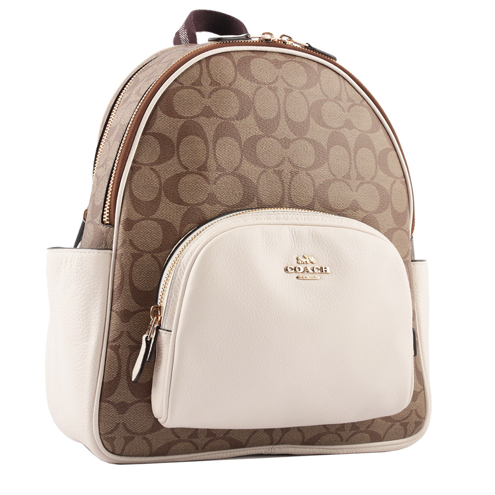 【COACH】Court 塗層帆布拚荔枝皮革口袋後背包