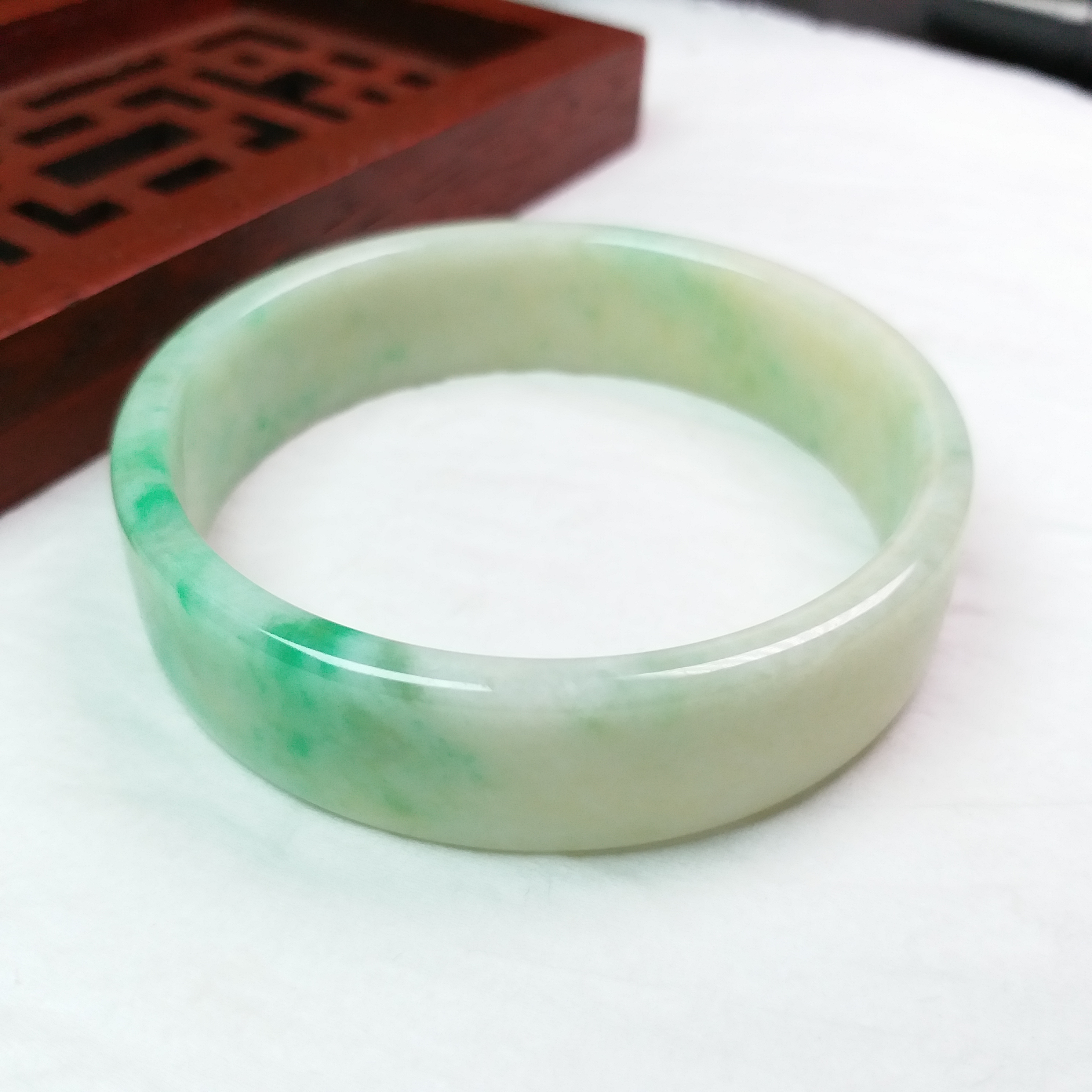 J1855 冰糯黃+綠飄綠花京玉鐲 52.7mm (1.4)