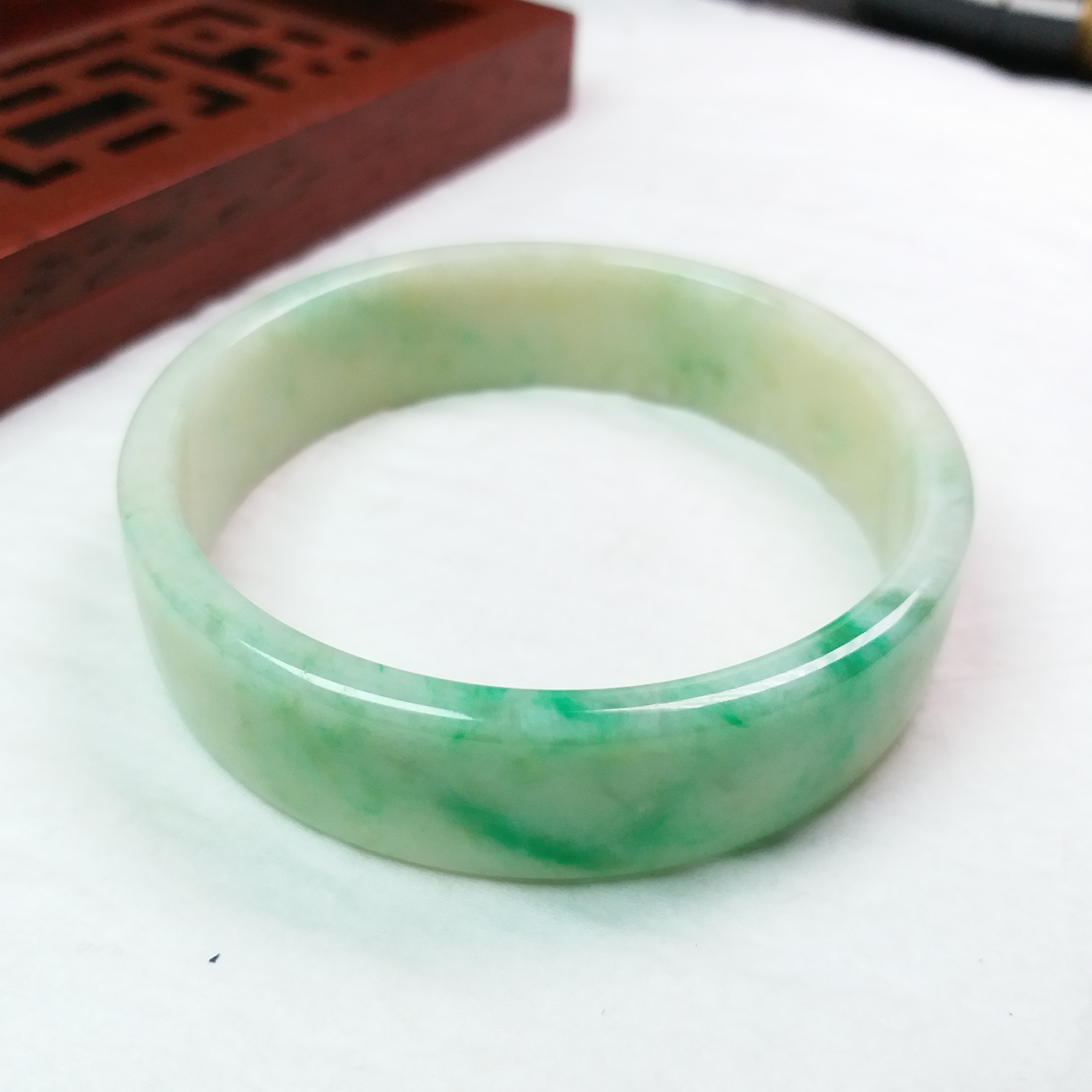冰糯黃+綠飄綠花京玉鐲 52.7mm, 天然翡翠A玉, 緬甸玉, Jade, Jadeite