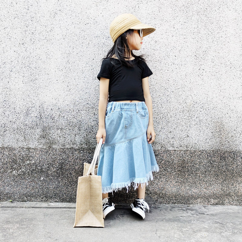 現貨出清 100cm / 媽媽L 親子款  不對稱拼接下襬流蘇牛仔裙