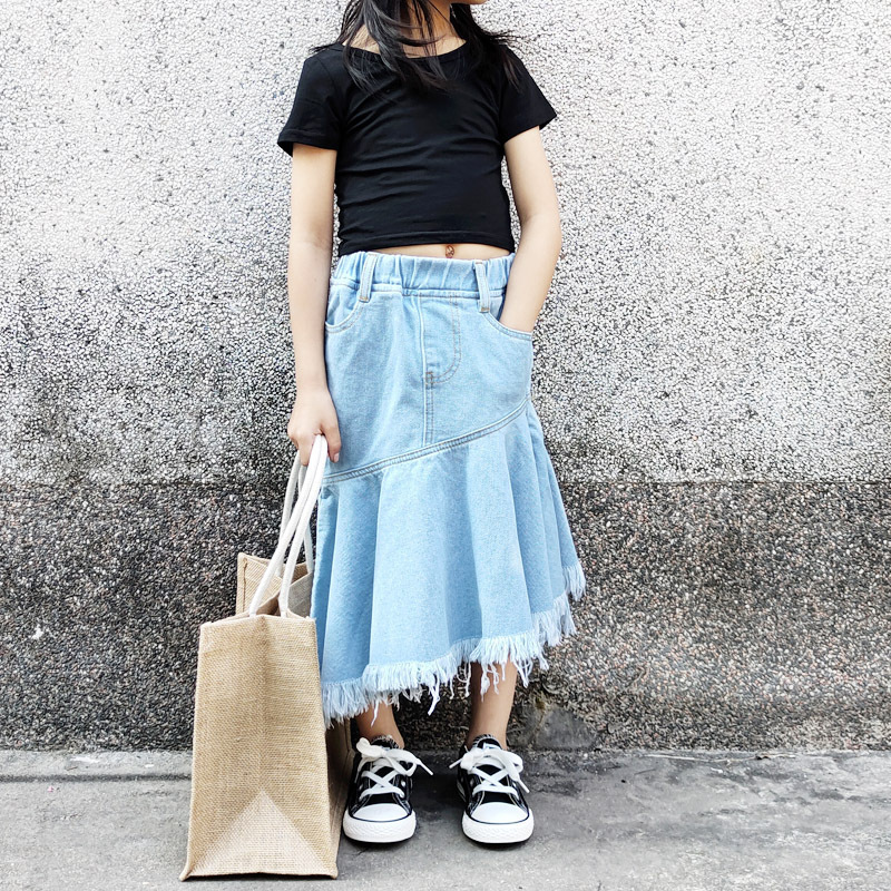 現貨出清 100cm / 媽媽L 親子款  不對稱拼接下襬流蘇牛仔裙