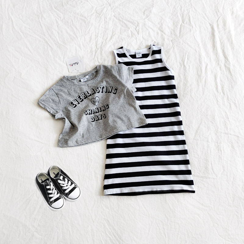 親子款 字母短版上衣+條紋背心連衣裙