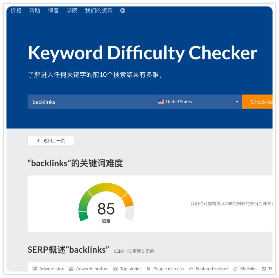 "backlinks" 在美國是屬於「超難」的關鍵字