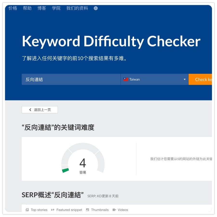 「反向連結」在台灣是屬於「容易 」的關鍵字