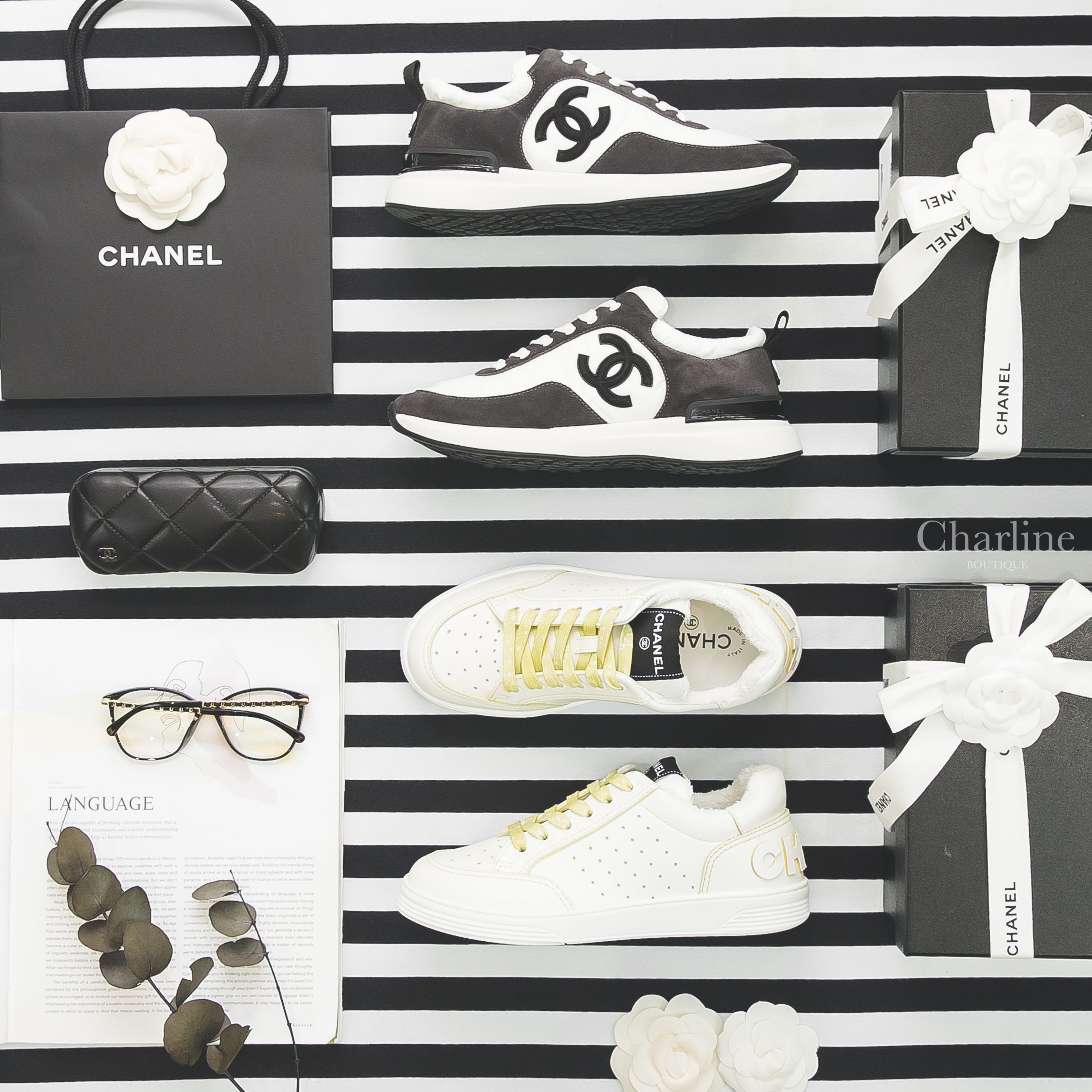 Chanel Trainers 白色黃色立體不對稱字母絨毛牛皮運動鞋,Chanel Trainers 白色尼龍拼黑麂皮黑CC牛皮運動鞋,Chanel Eyeglasses 黑色方框側邊皮穿金鍊CC平光眼鏡-Charline Boutique 精品代購