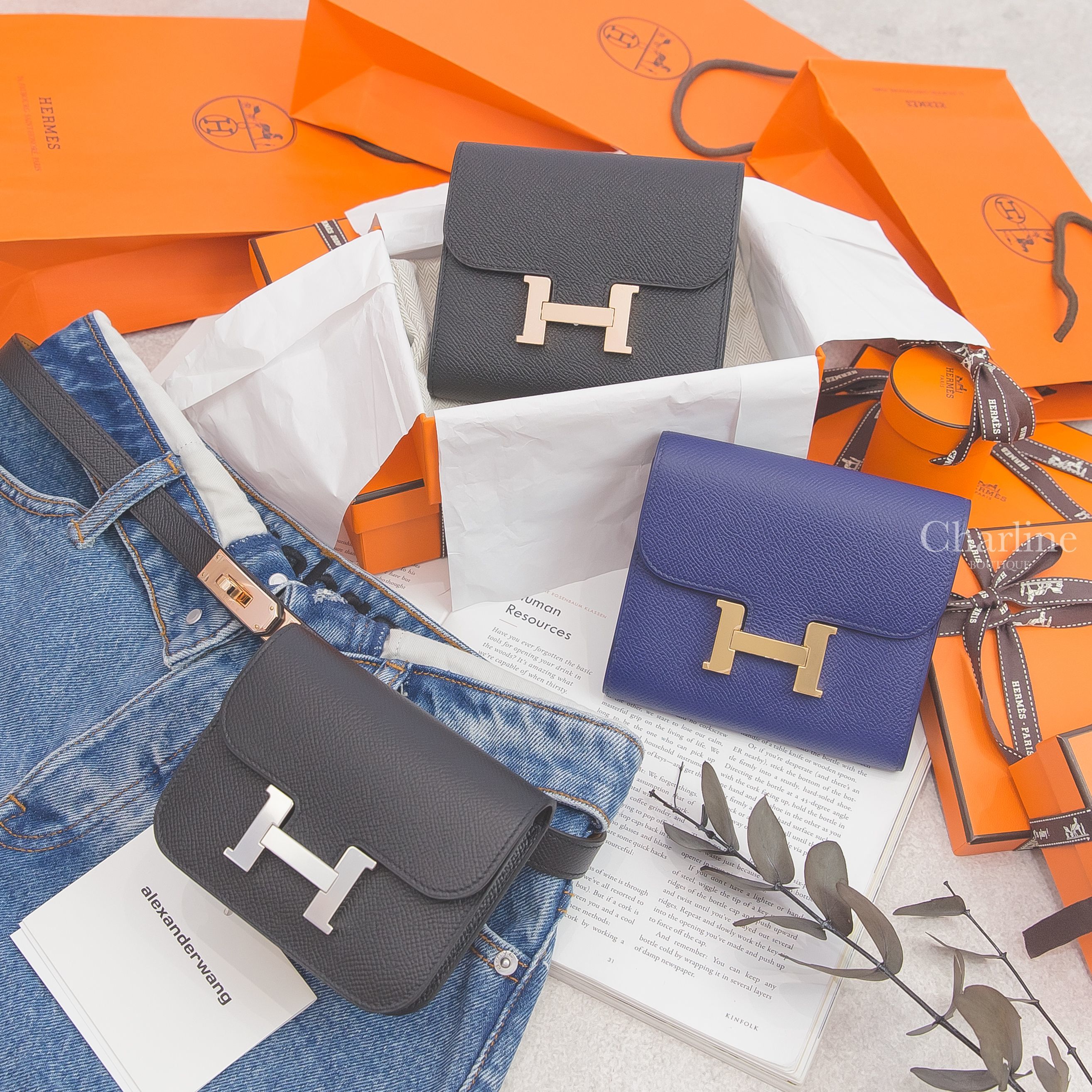 Hermès Compact 水墨藍金釦短夾,Hermès Compact  黑色玫瑰金釦短夾,Hermès Belt 黑色牛皮玫瑰金扣可調式皮帶,Hermès Constance Slim 黑色銀釦短夾-Charline Boutique 精品代購