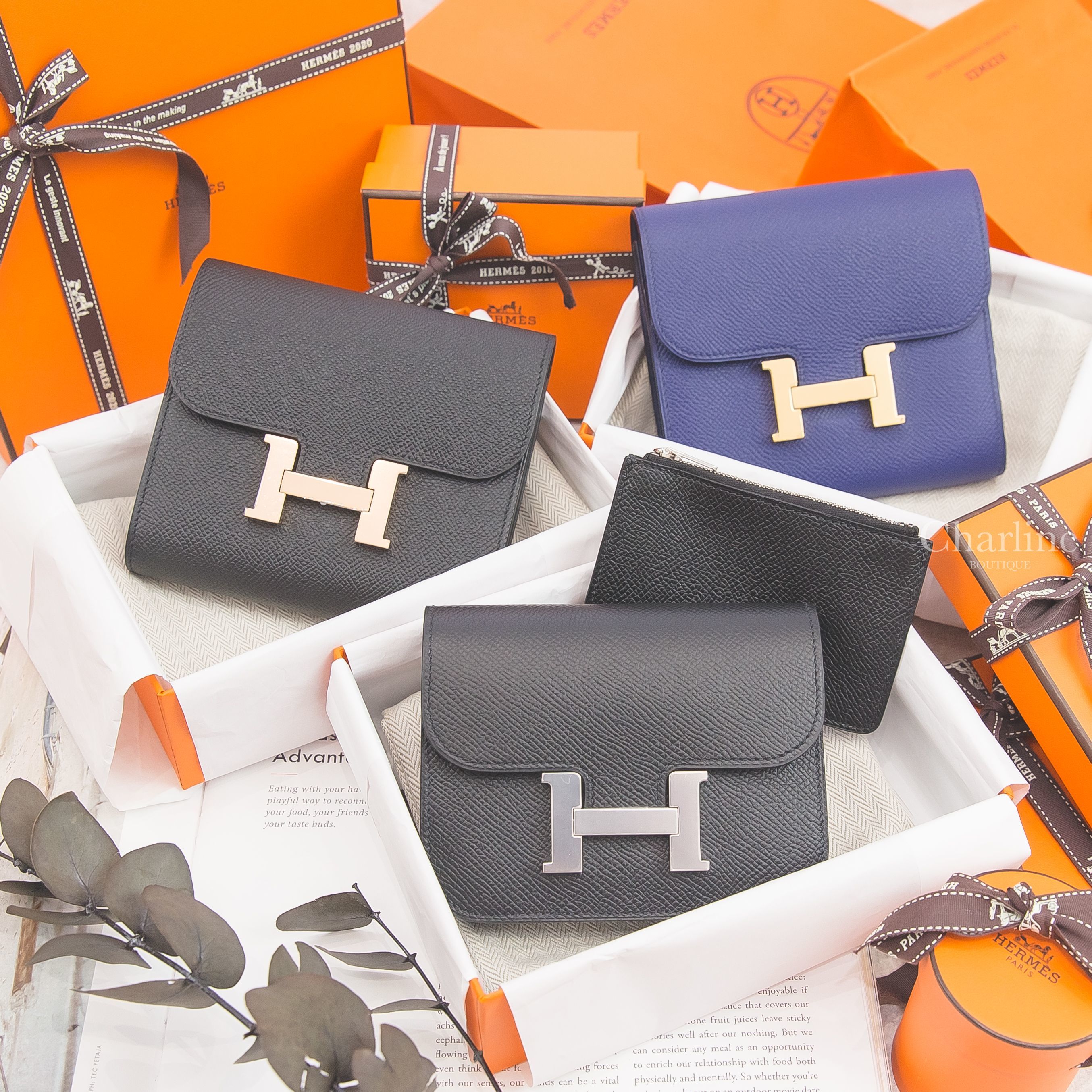 Hermès Constance Compact 水墨藍金釦短夾,Hermès Constance Compact 黑色玫瑰金釦短夾,Hermès Constance Slim 黑色銀釦短夾-Charline Boutique 精品代購