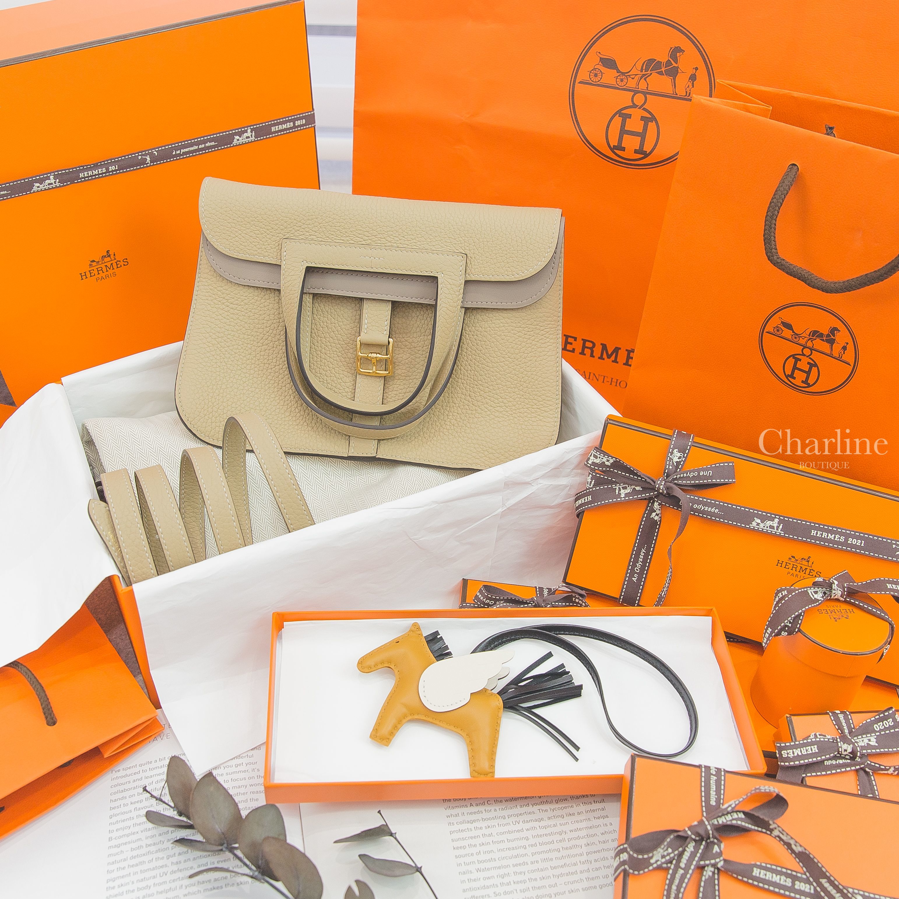 Hermès Rodeo PM Pegase 芝麻黃/黑色/奶油白小型飛馬吊飾,Hermès Sac Halzan 25cm S2 Trench / 18 Etoupe 風衣灰拼大象灰內裡金釦手提肩背包-Charline Boutique 精品代購