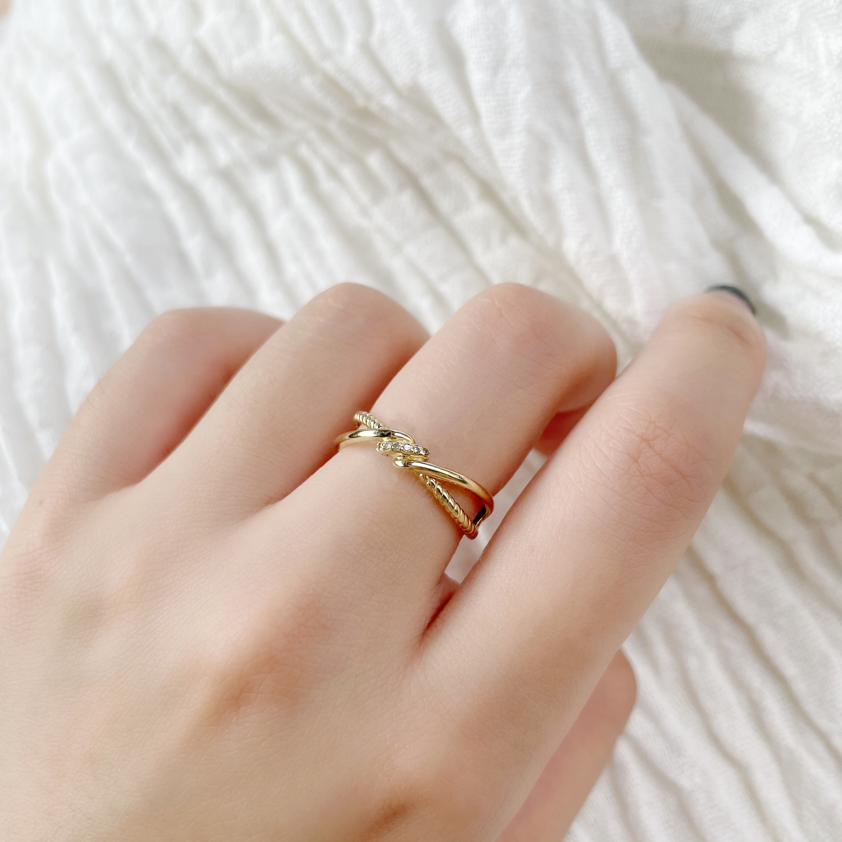 14K麻花扭結真鑽戒指