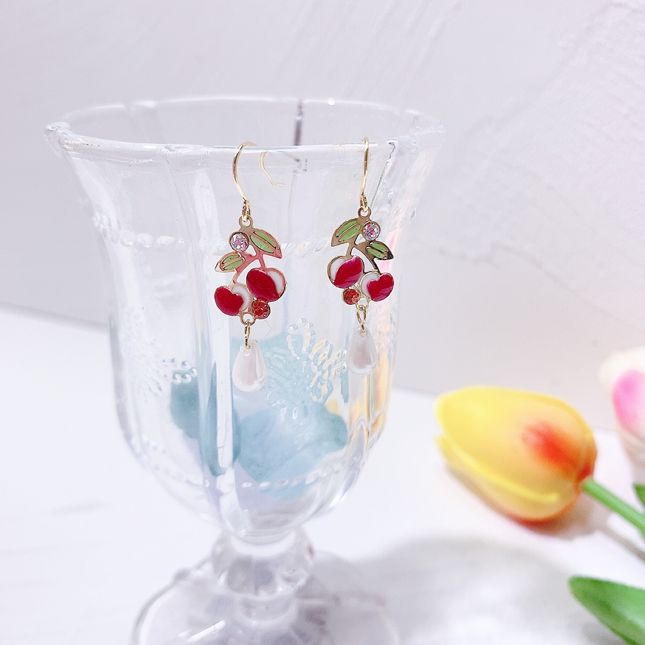 [日本制] 車厘子珍珠耳環