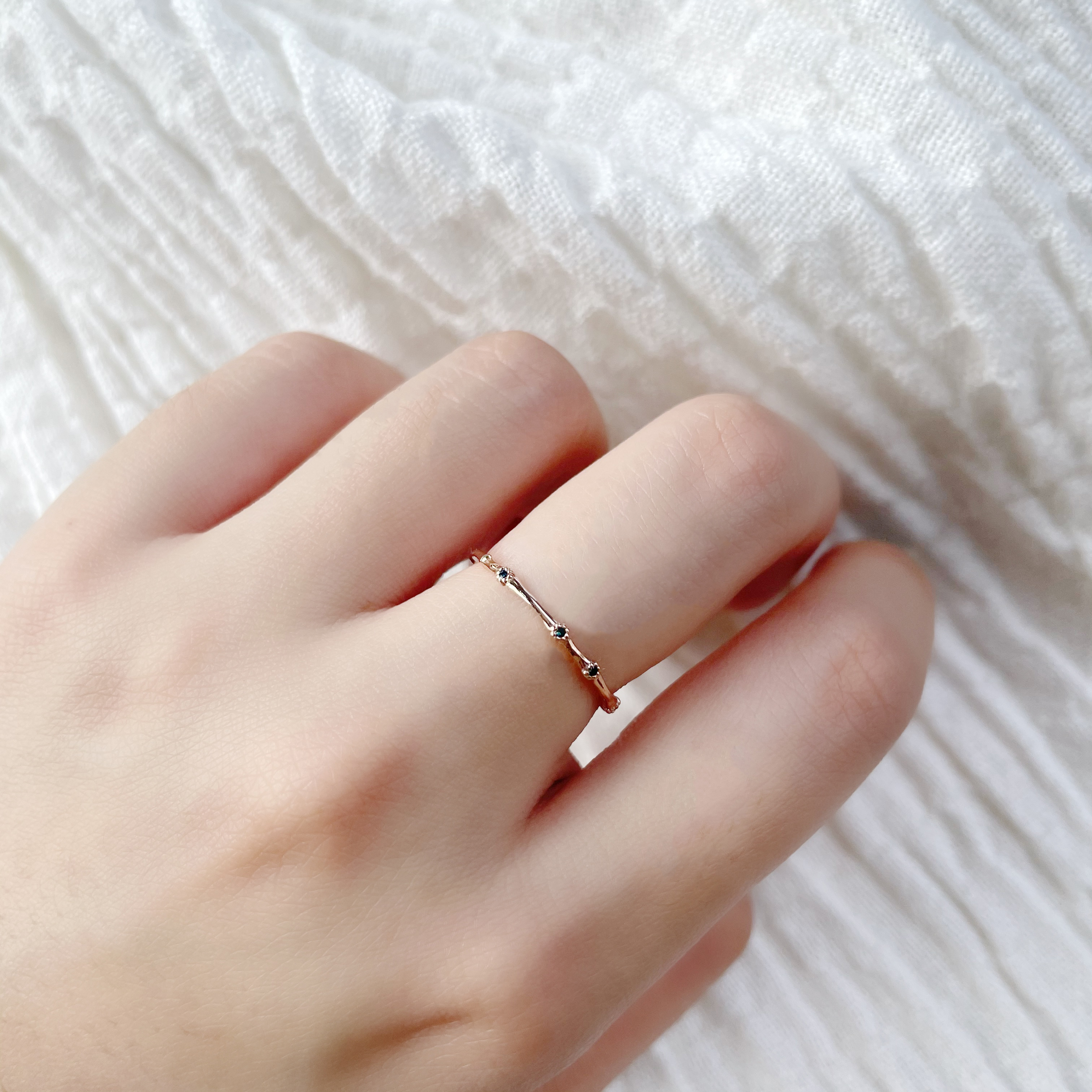 14K竹節小花藍鑽戒指