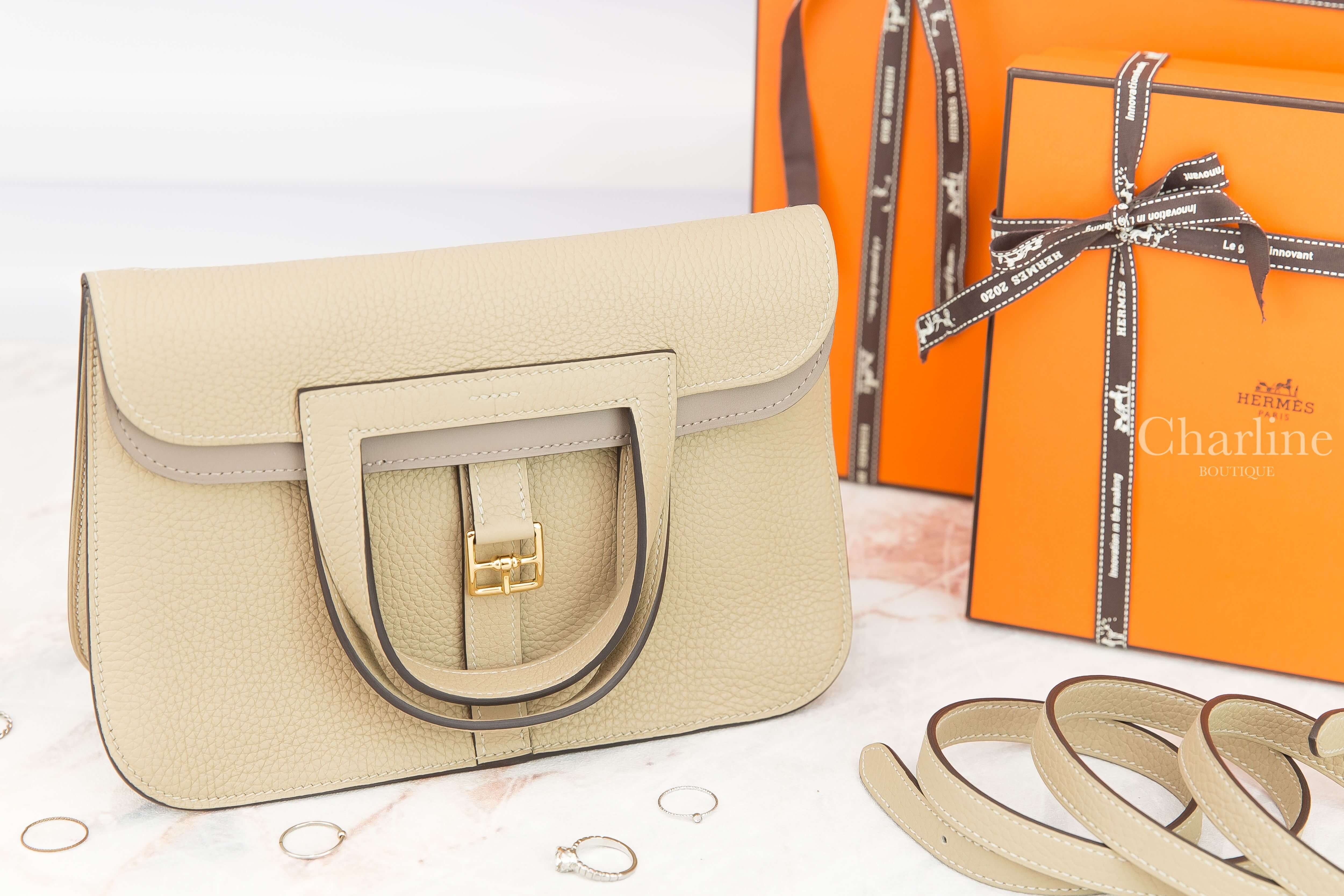 Hermès Sac Halzan 25cm S2 Trench / 18 Etoupe Taurillon Clemence Z刻風衣灰拼大象灰內裡金釦手提肩背包-Charline Boutique 精品代購