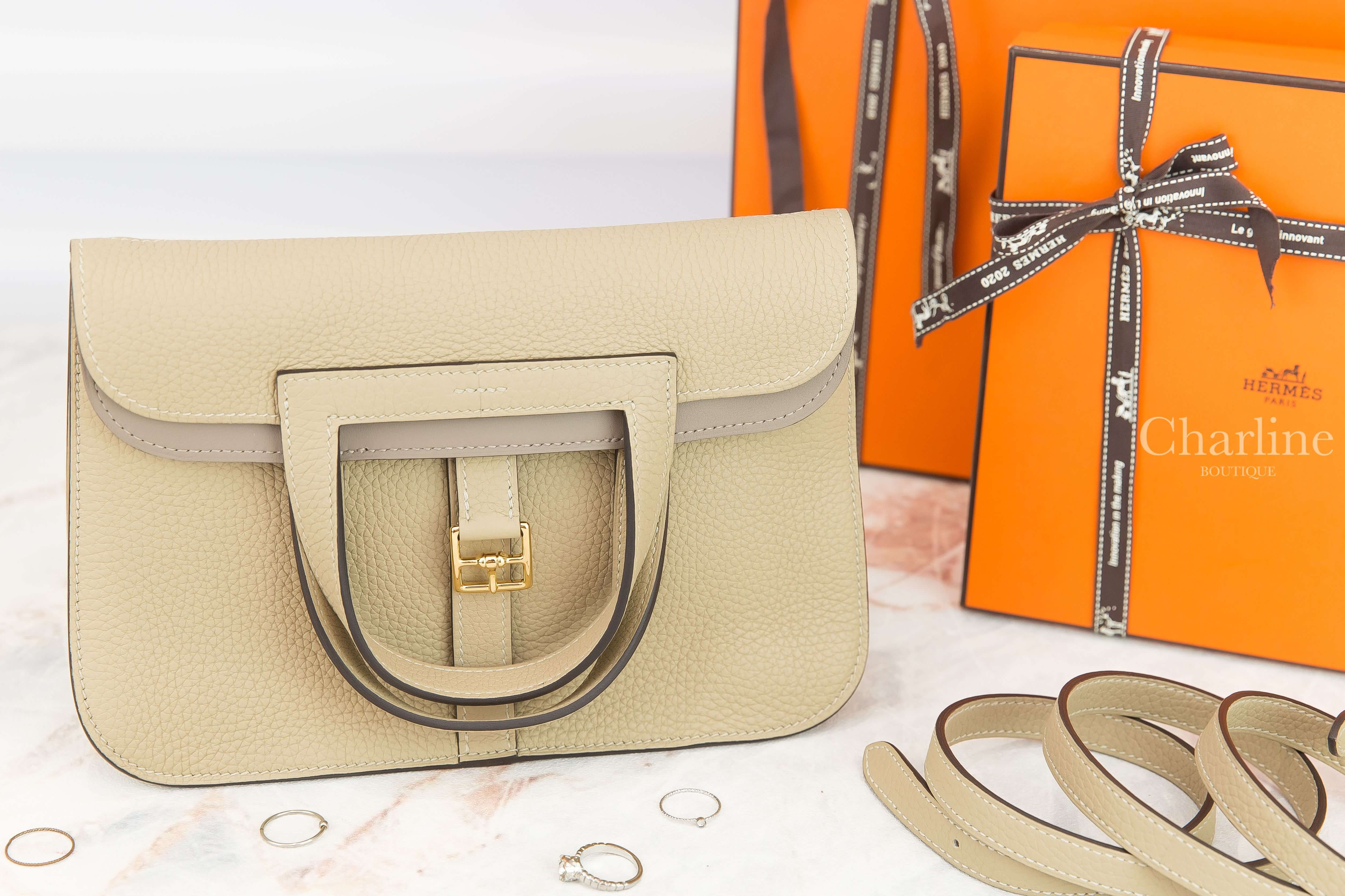 Hermès Halzan 25cm S2 Trench / 18 Etoupe Taurillon Clemence 風衣灰拼大象灰內裡金釦手提肩背包