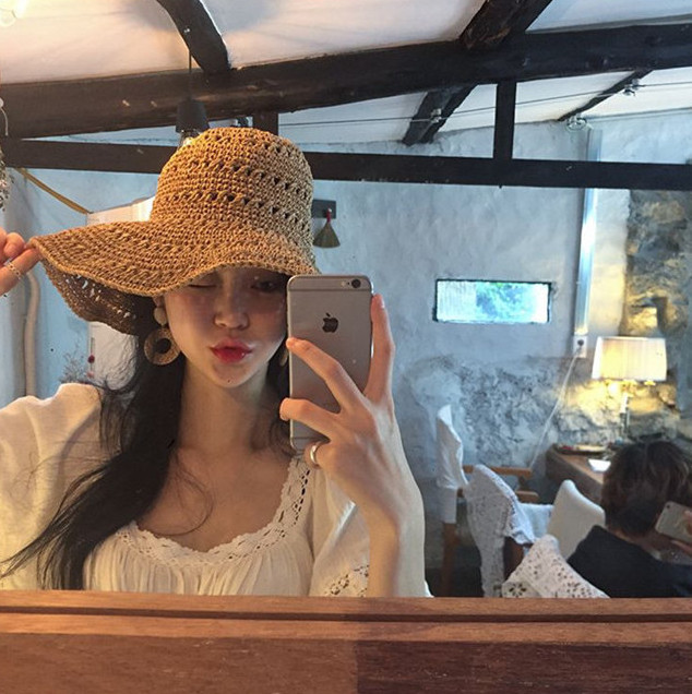 可折疊 簍空編織草帽(卡其/米)