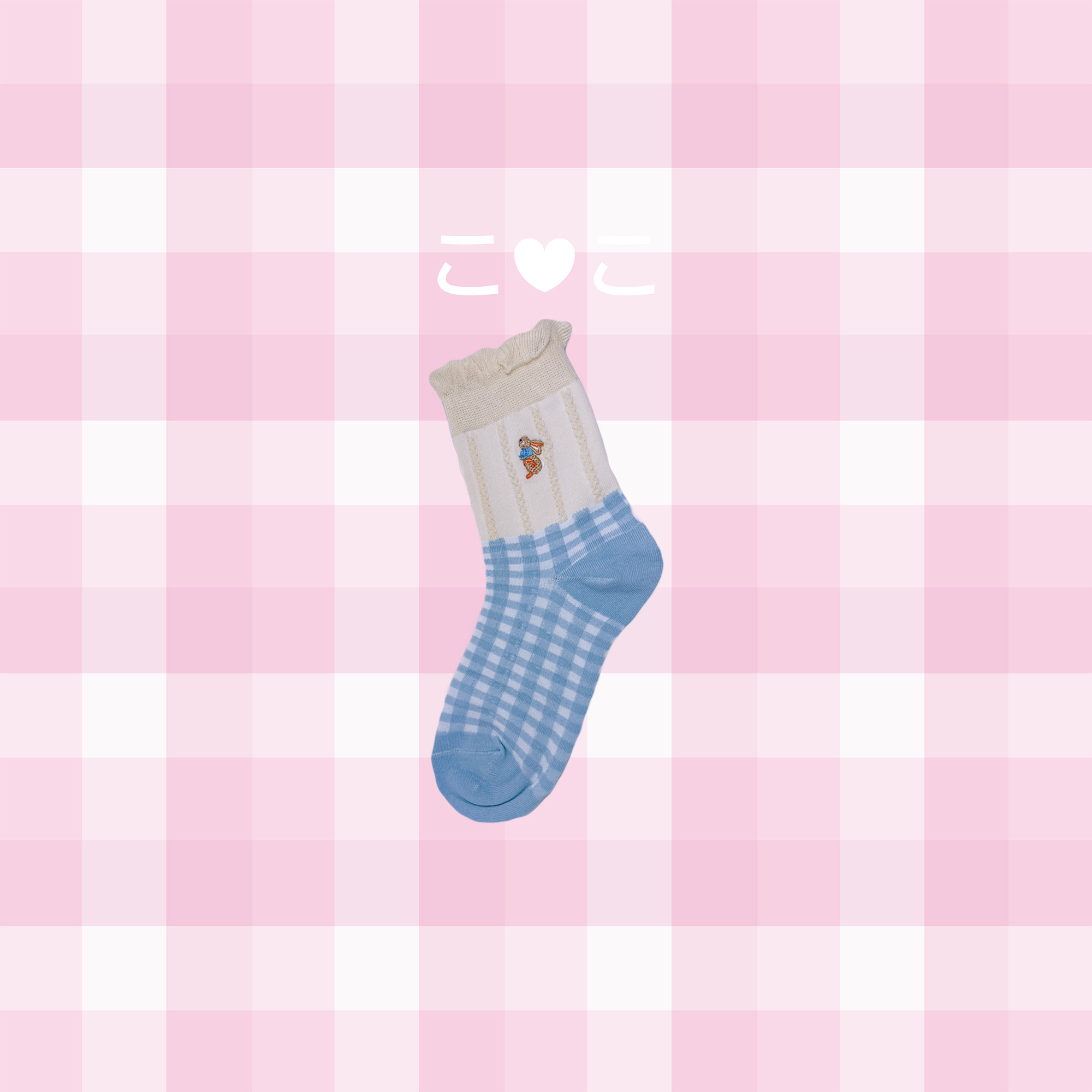 正韓兔子刺繡格紋捲邊襪子