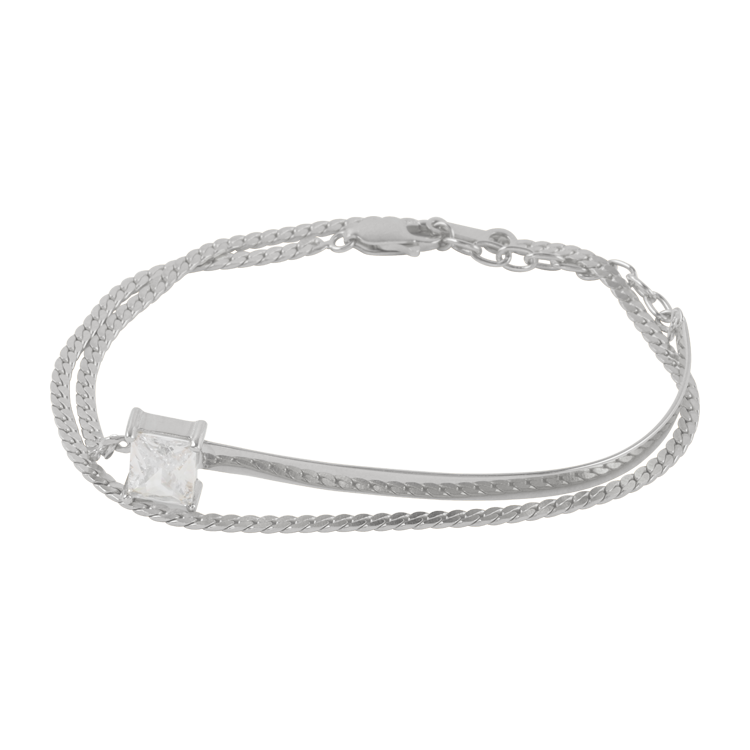 純銀手鍊，女士手鍊 層次雙層鍊鑲白方鋯；充滿層次與重點的優雅風情（1610銀色）