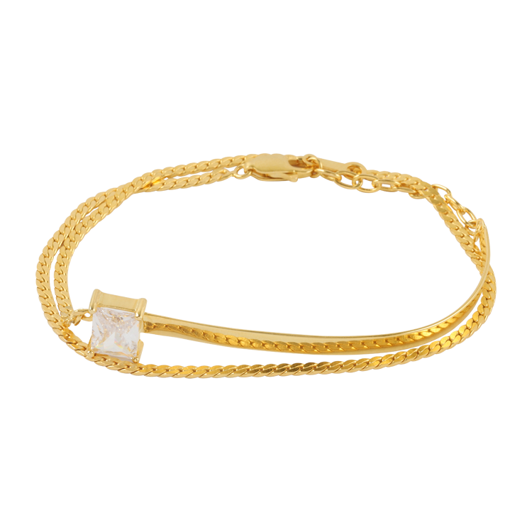 純銀手鍊，女士手鍊 層次雙層鍊鑲白方鋯；充滿層次與重點的優雅風情（1610金色）