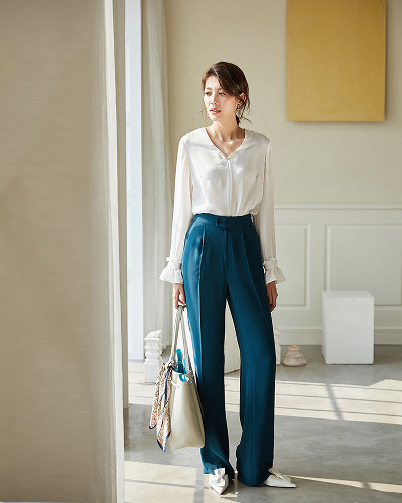 單釦壓褶純色落地寬褲 兩色