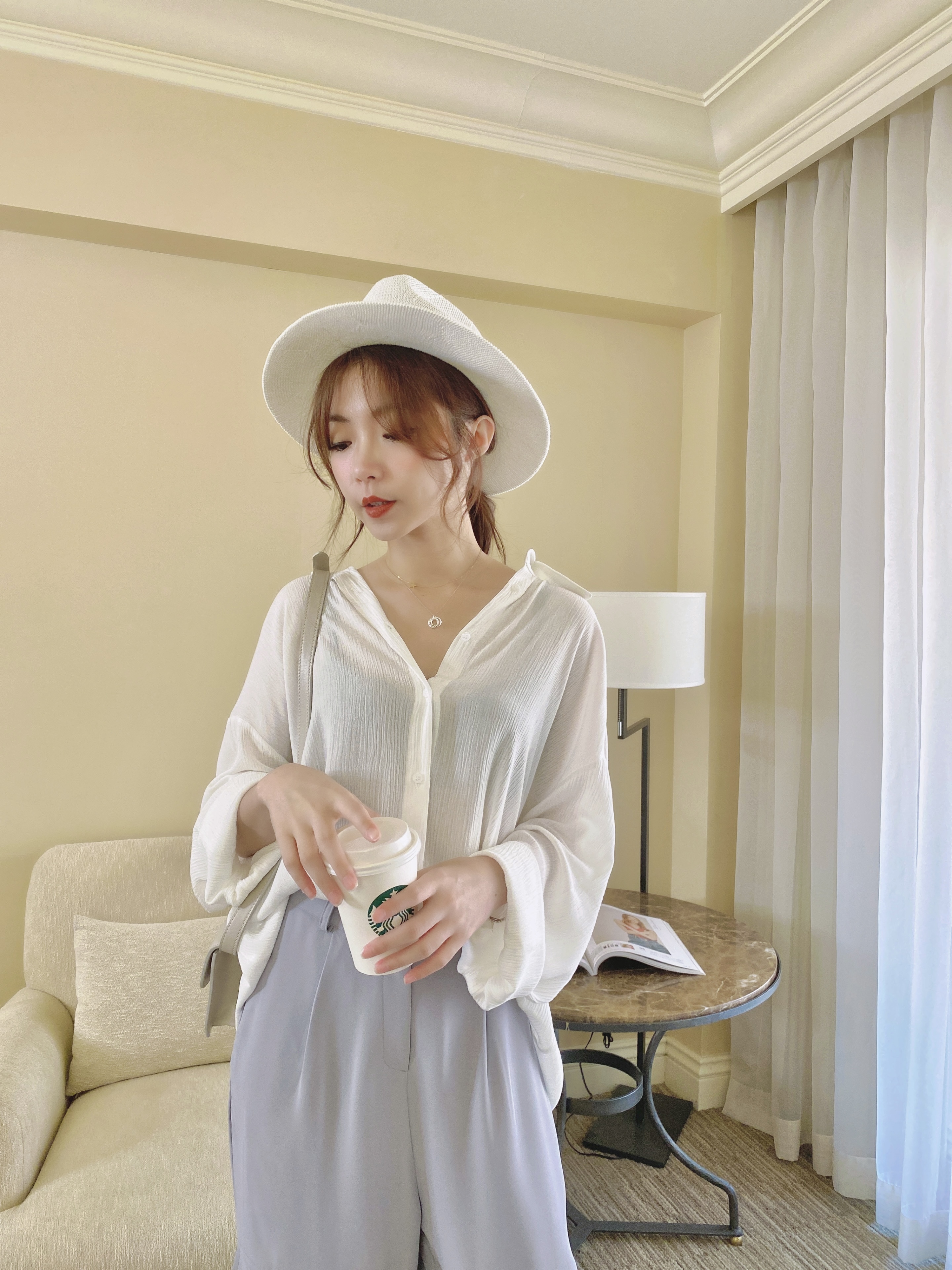 巨美高質感設計師灰藍西裝雪紡褲