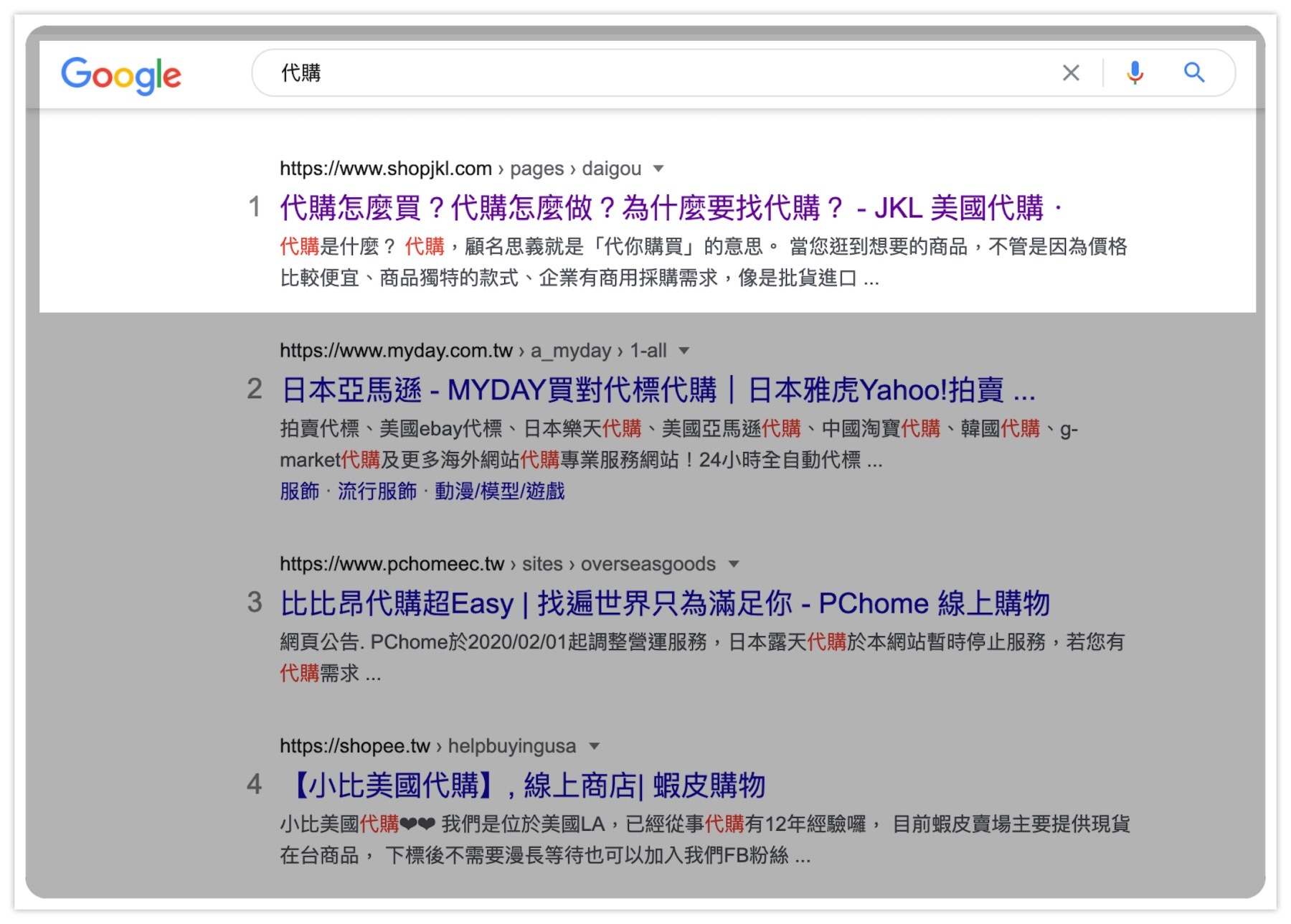 代購關鍵字排名截圖