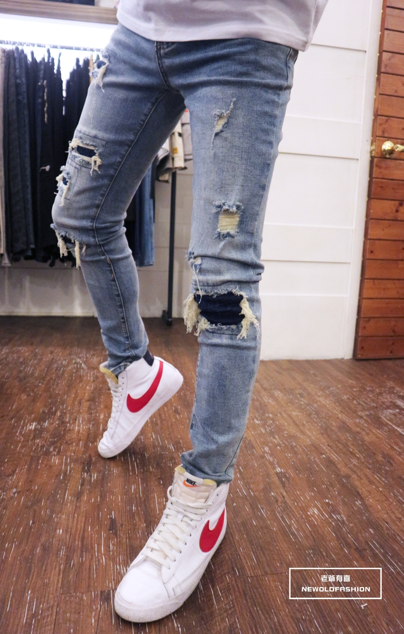 重磅五格藍補丁小直筒褲