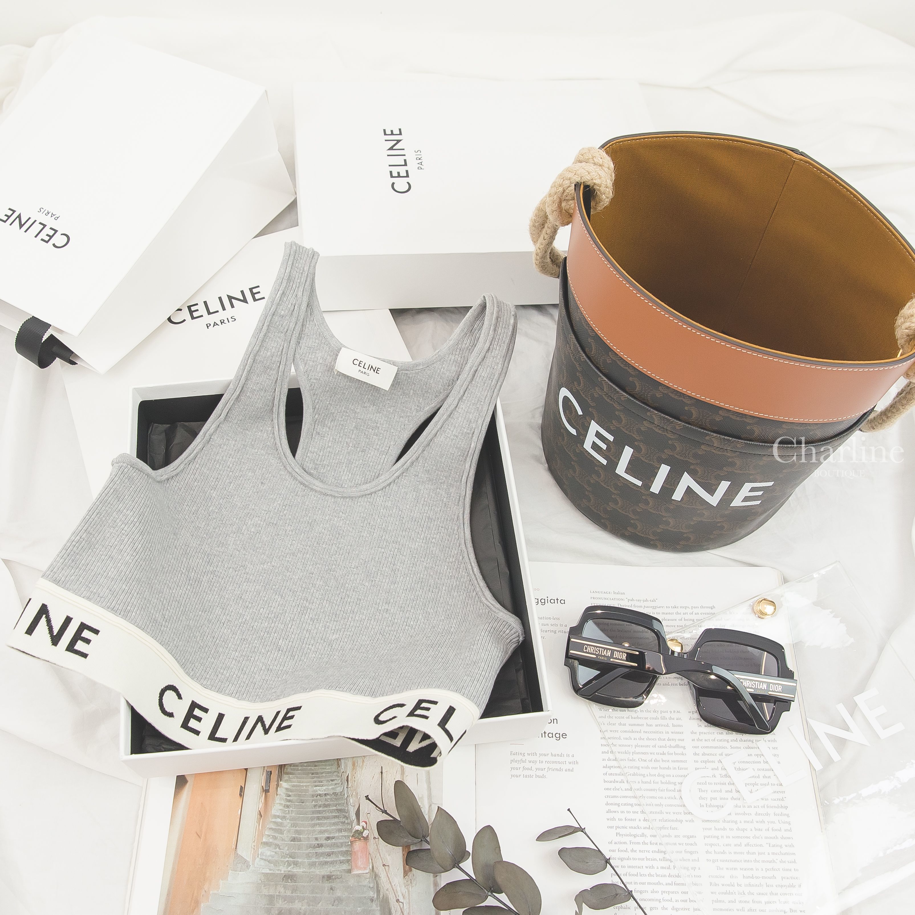 Celine Bucket 棕褐色凱旋門老花帆布拼咖啡色牛皮麻繩提把水桶包,Celine Sports Bra 灰色白底黑字運動背心,Dior Sunglasses 黑色方框側邊金色Logo太陽眼鏡-Charline Boutique 精品代購