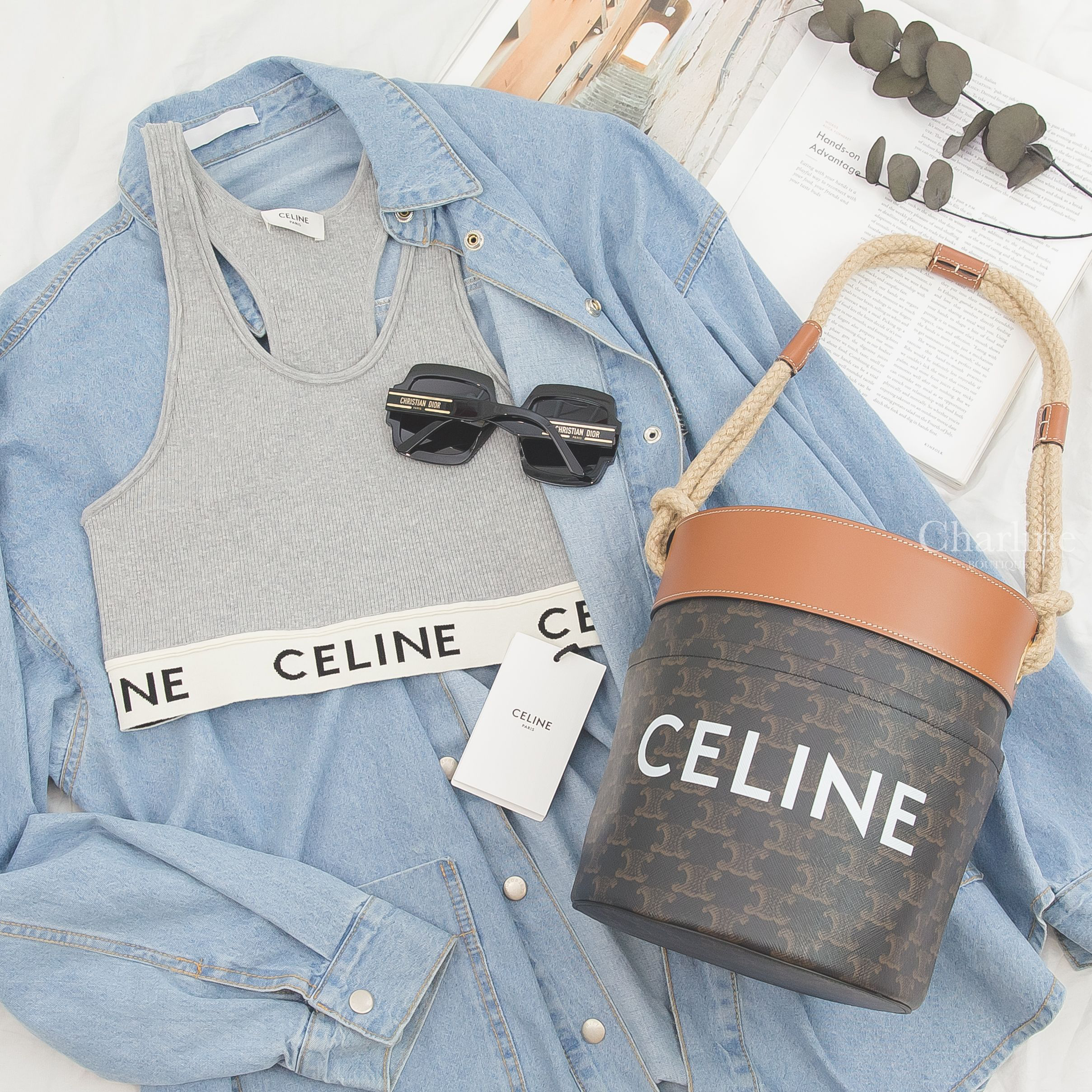 Celine Bucket 棕褐色凱旋門老花帆布拼咖啡色牛皮麻繩提把水桶包,Celine Sports Bra 灰色白底黑字運動背心,Dior Sunglasses 黑色方框側邊金色Logo太陽眼鏡-Charline Boutique 精品代購