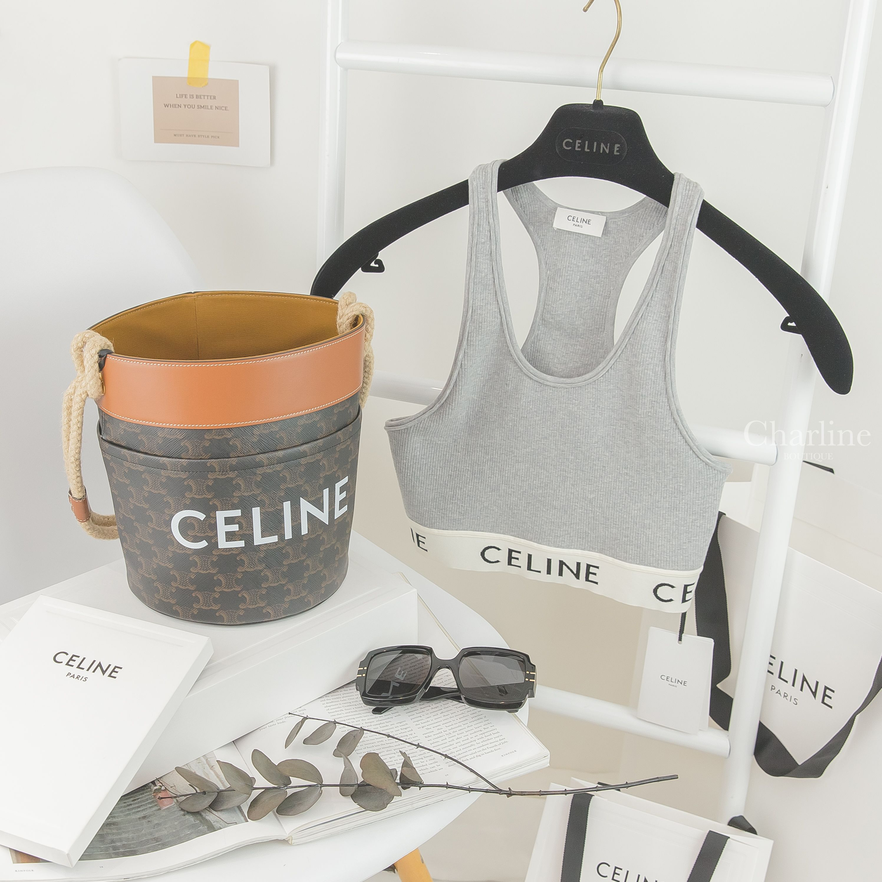 Celine Bucket 棕褐色凱旋門老花帆布拼咖啡色牛皮麻繩提把水桶包,Celine Sports Bra 灰色白底黑字運動背心,Dior Sunglasses 黑色方框側邊金色Logo太陽眼鏡-Charline Boutique 精品代購