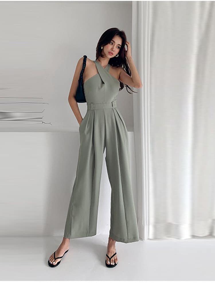 交叉高腰寬直筒連身褲