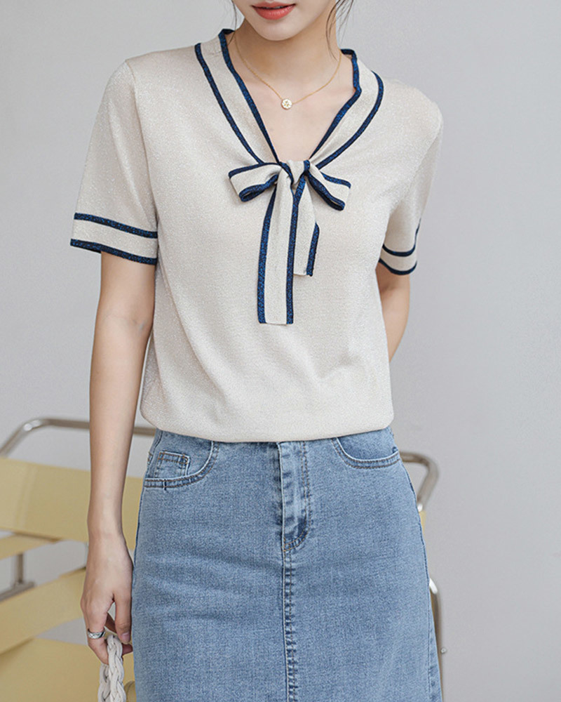 DEER.W配色綁帶金絲針織上衣 杏色