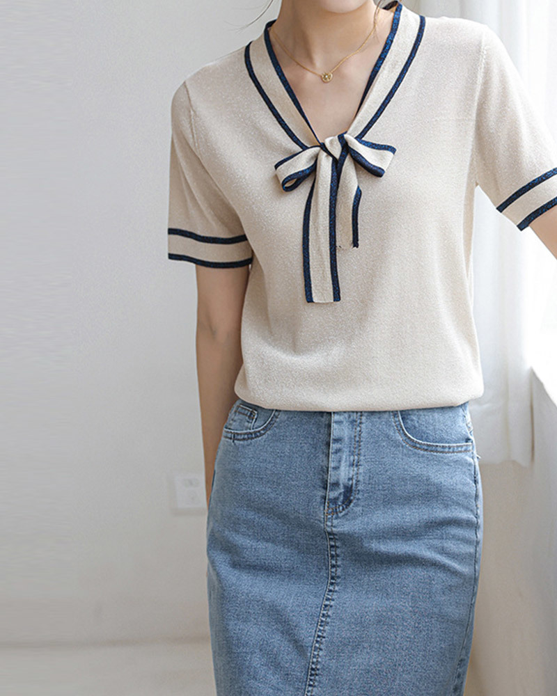 DEER.W配色綁帶金絲針織上衣 杏色