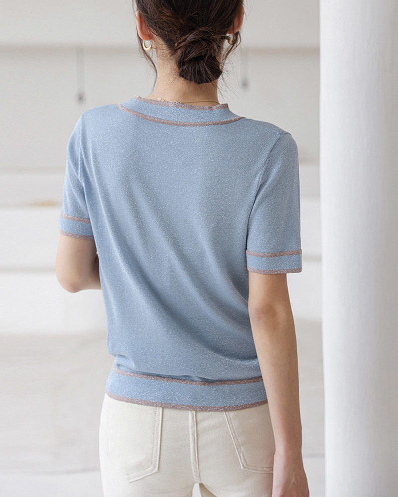 DEER.W配色綁帶金絲針織上衣 淺藍