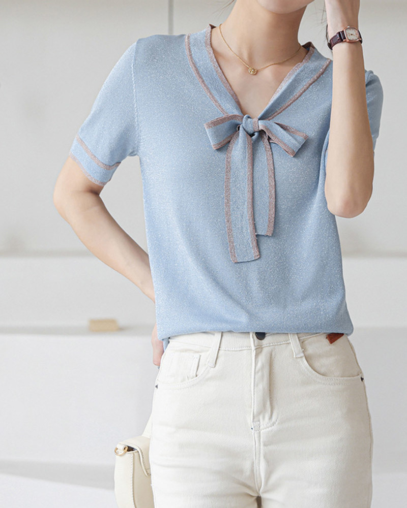 DEER.W配色綁帶金絲針織上衣 淺藍