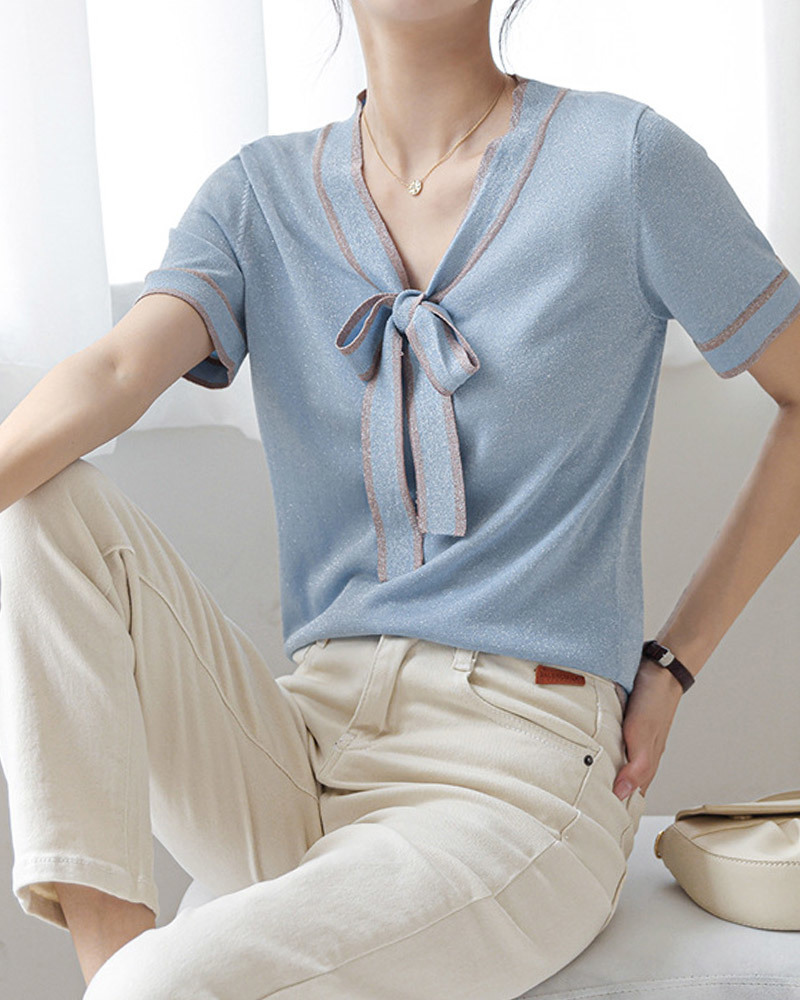 DEER.W配色綁帶金絲針織上衣 淺藍