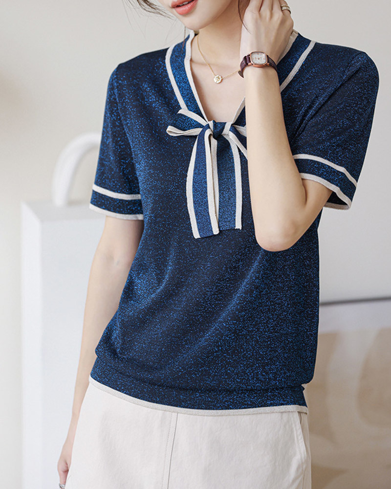 DEER.W配色綁帶金絲針織上衣 藏青