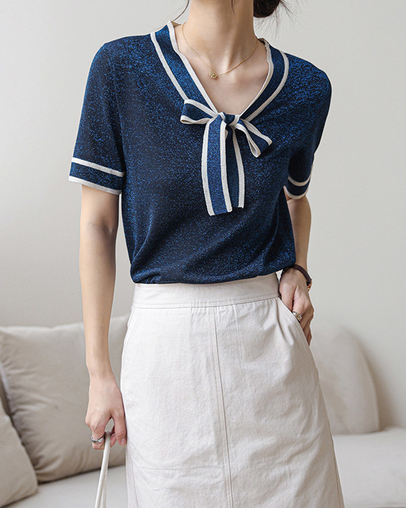 DEER.W配色綁帶金絲針織上衣 藏青