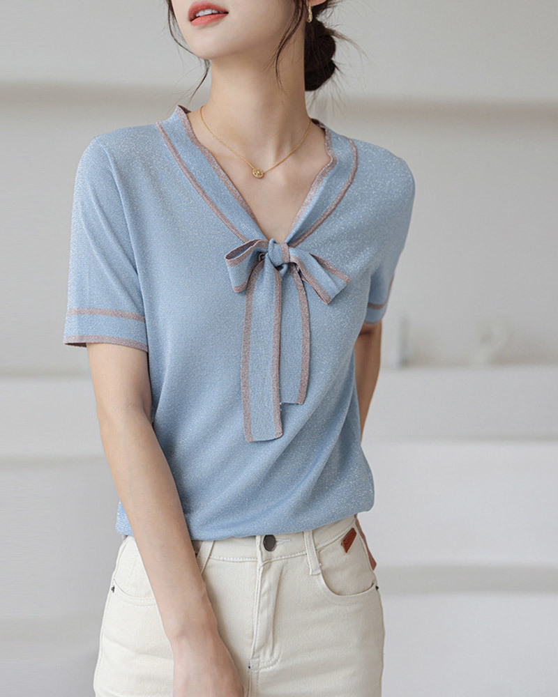 杏S【零碼出清不退換】配色綁帶金絲針織上衣