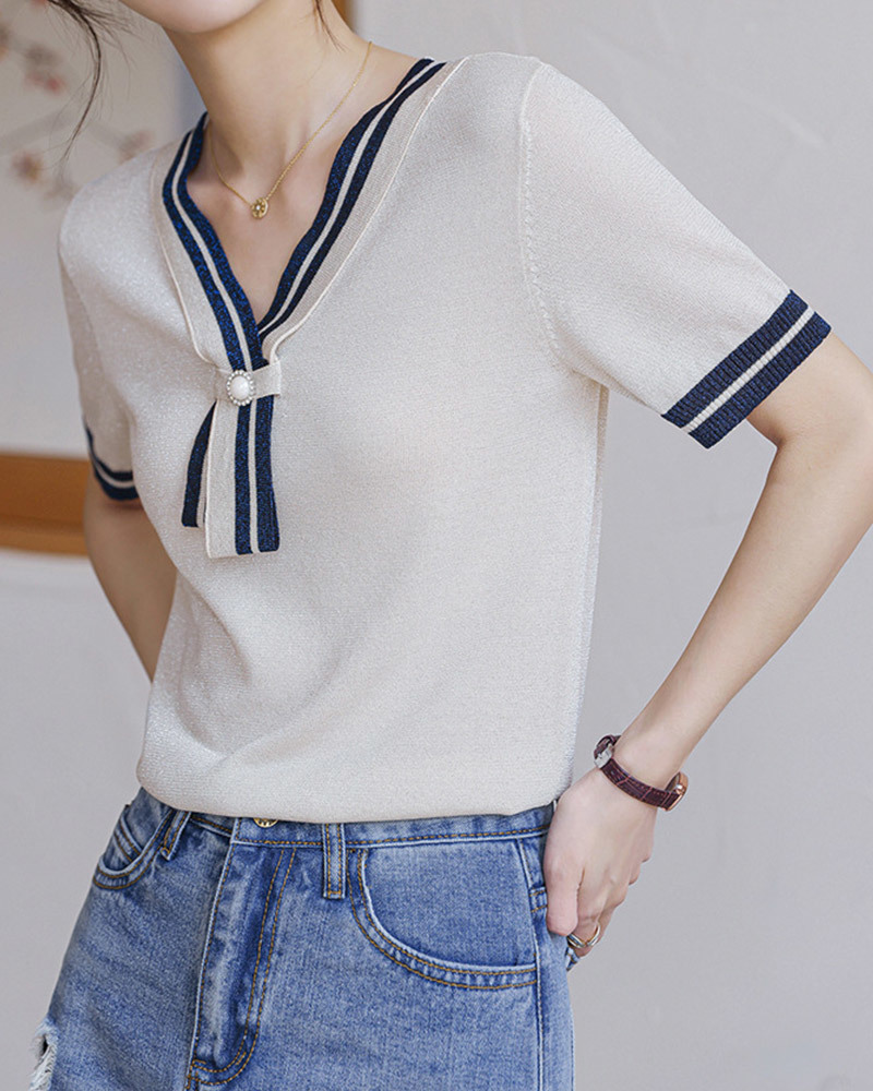 藏青XL/杏M【零碼出清不退換】珍珠領結涼感金絲針織上衣