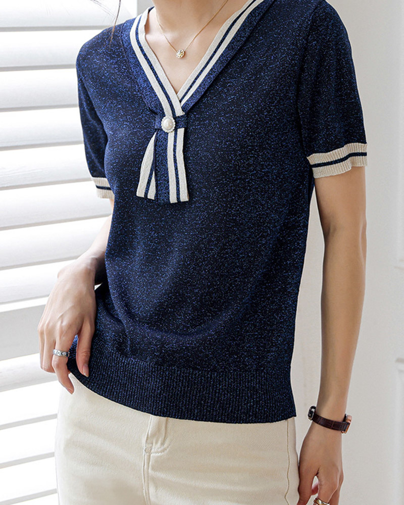 藏青XL/杏M【零碼出清不退換】珍珠領結涼感金絲針織上衣