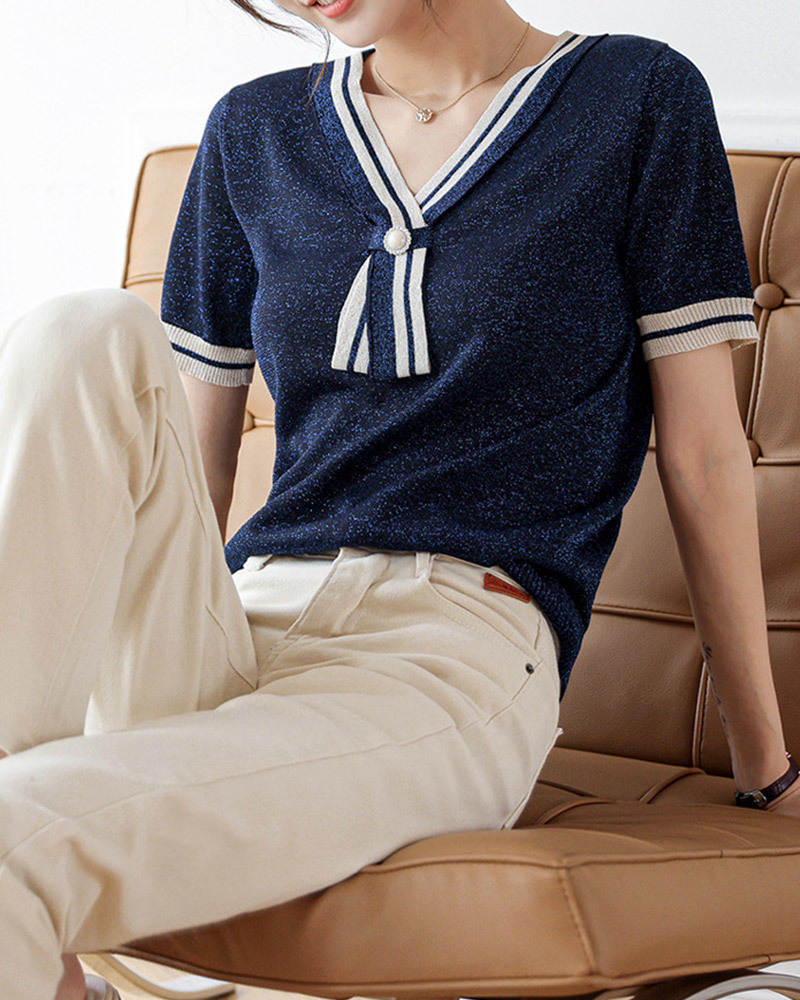 DEER.W 珍珠領結涼感金絲針織上衣 藏青