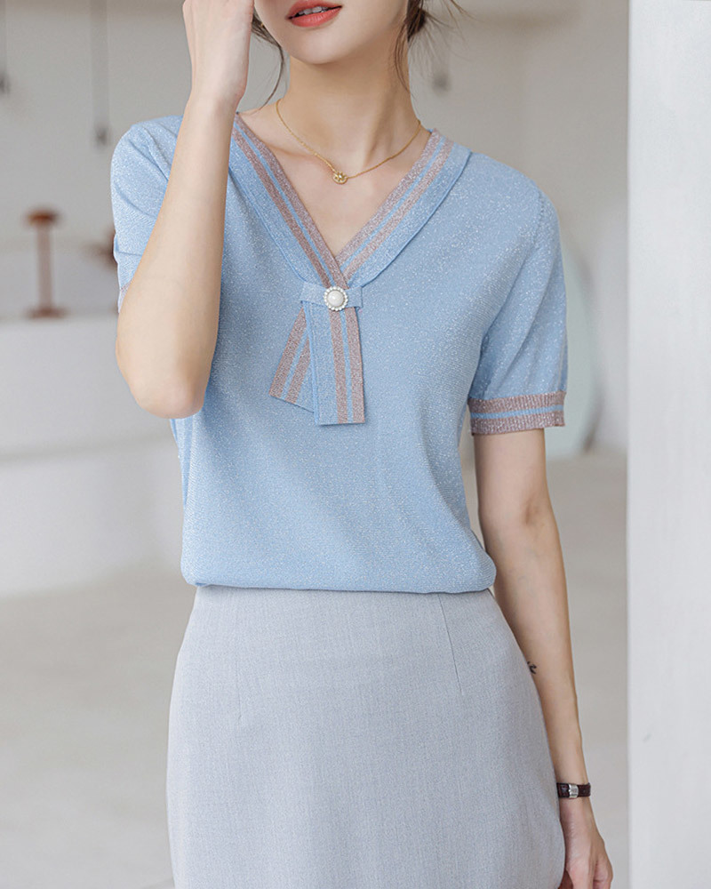 DEER.W 珍珠領結涼感金絲針織上衣 淺藍