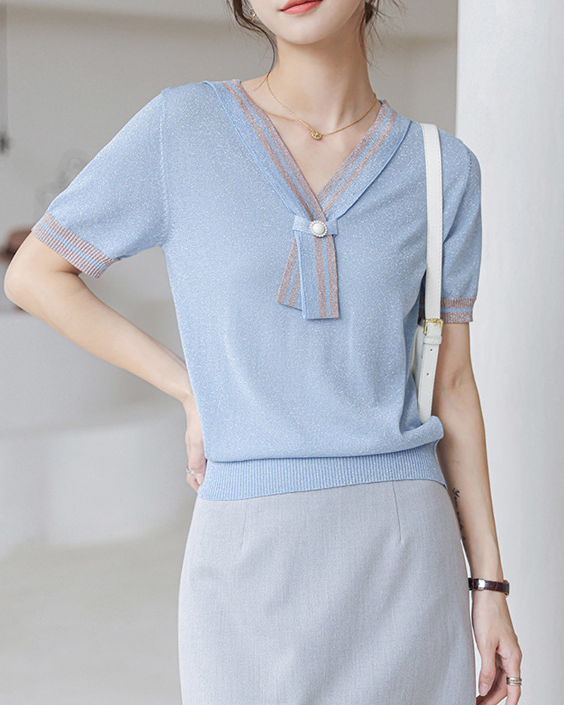 DEER.W 珍珠領結涼感金絲針織上衣 淺藍