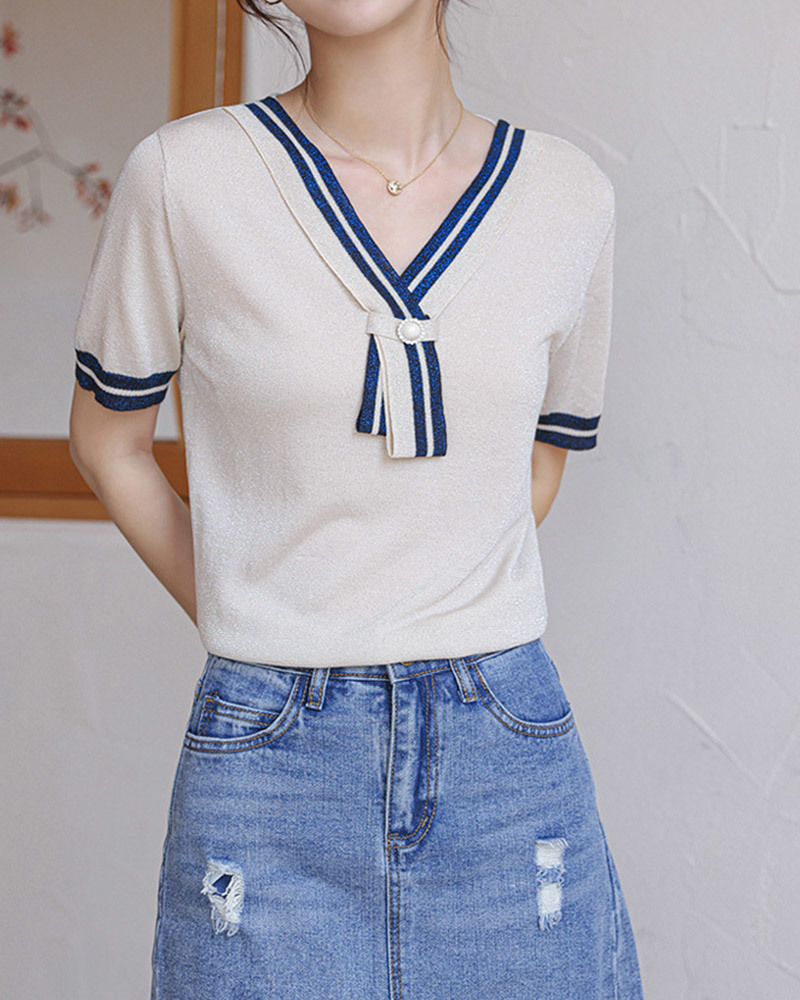 DEER.W 珍珠領結涼感金絲針織上衣 杏色