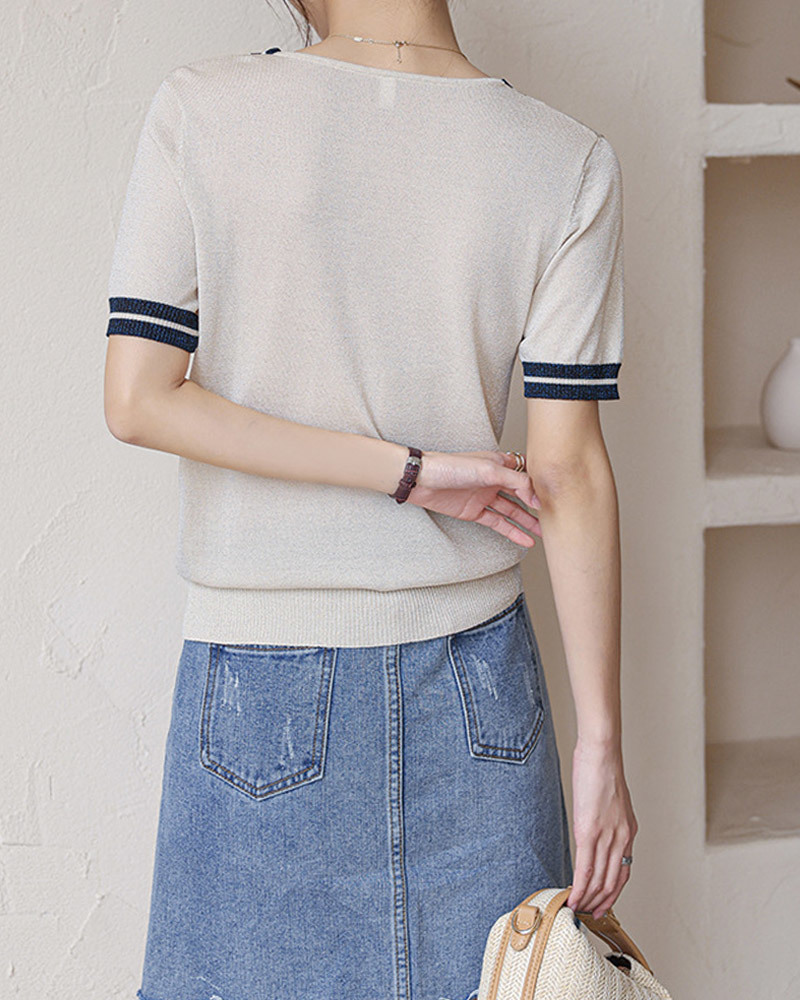 DEER.W 珍珠領結涼感金絲針織上衣 杏色