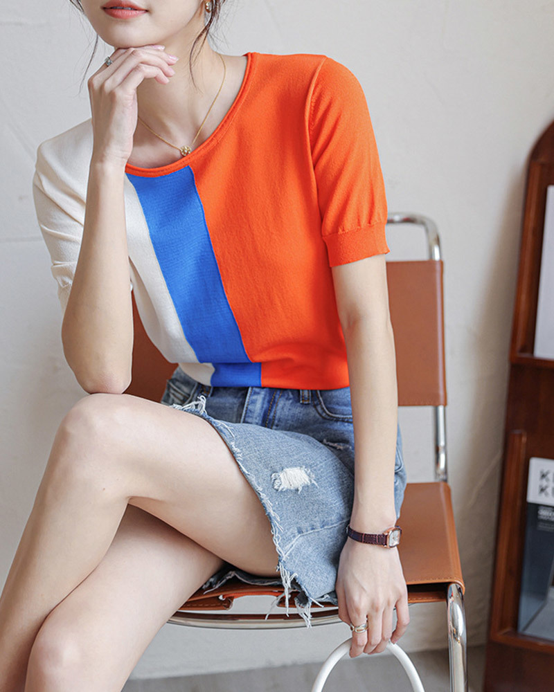 DEER.W 拼色羅紋收腰涼感針織上衣 橘紅