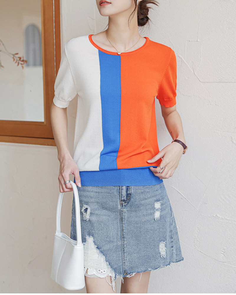 DEER.W 拼色羅紋收腰涼感針織上衣 橘紅