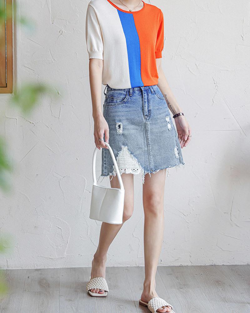 DEER.W 拼色羅紋收腰涼感針織上衣 橘紅